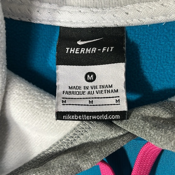 Nike Therma fit hoodie sweatshirt grey aqua pink swoosh thumb holes pouch pkt M - Picture 3 of 15